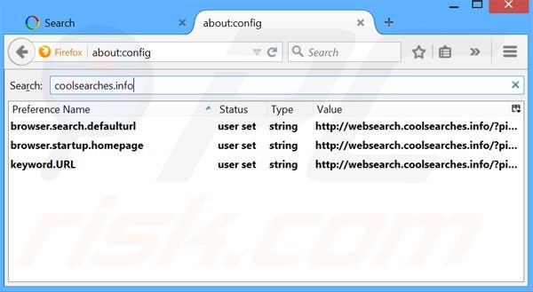 Remova a página inicial websearch.coolsearches.info e motor de busca padrão do Mozilla Firefox.