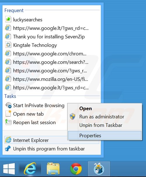 Removendo searches.globososo.com do atalho do Internet Explorer passo 1