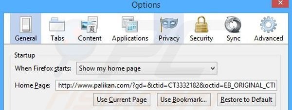 Removendo a página inicial palikan.com do Mozilla Firefox