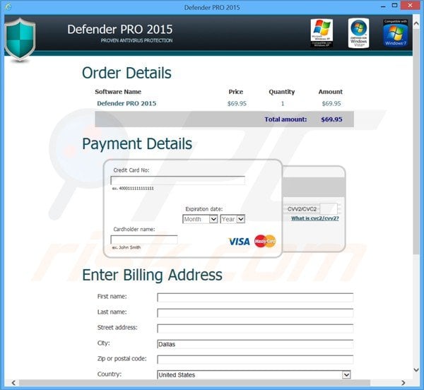 Página de pagamento da fraude Defender pro 2015