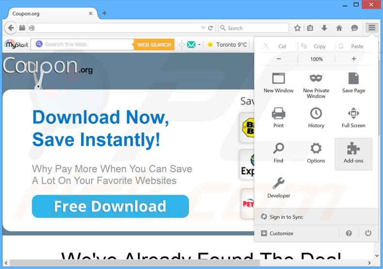 Removendo os anúncios Coupoon do Mozilla Firefox passo 1