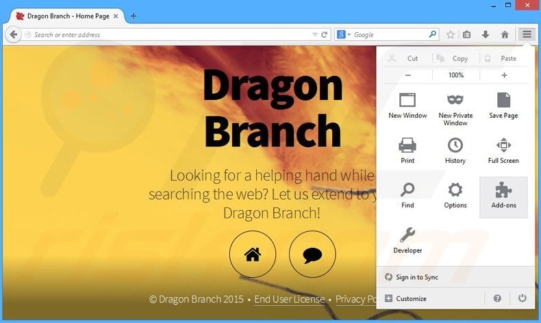 Removendo os anúncios Dragon Branch do Mozilla Firefox passo 1