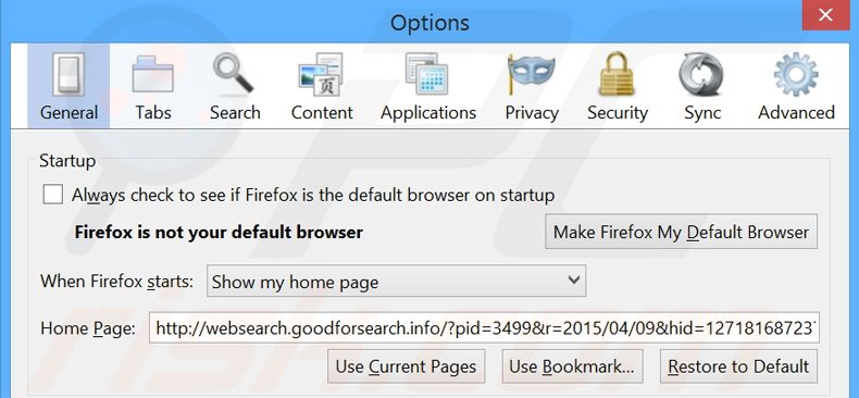 Removendo a página inicial websearch.goodforsearch.info do Mozilla Firefox