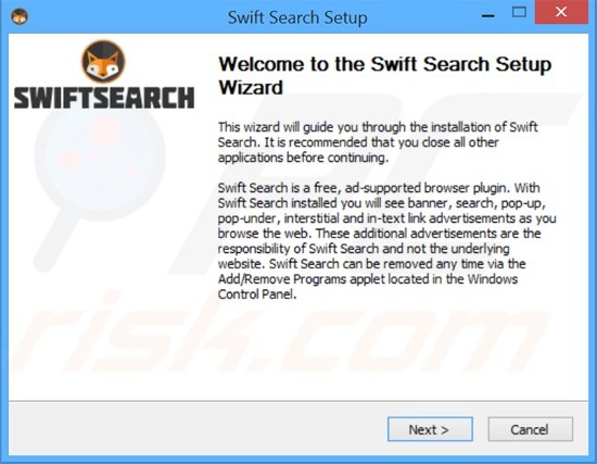 Configuração do instalador do adware Swift Search