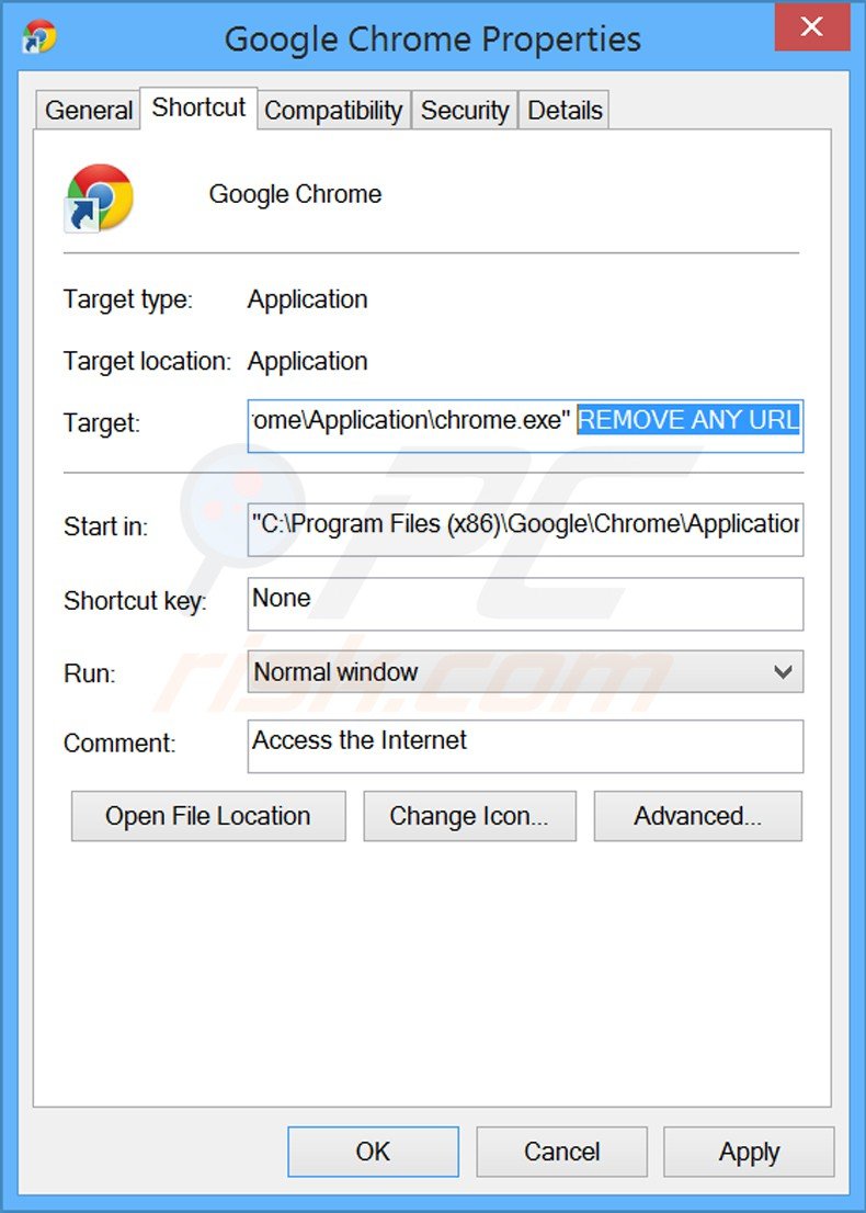 Removendo o URL indesejado do atalho do Google Chrome passo 2