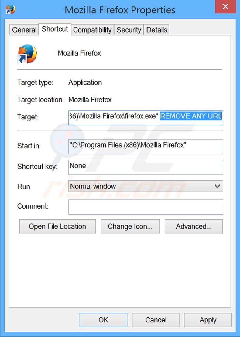 Removendo o URL indesejado do atalho do Mozilla Firefox passo 2
