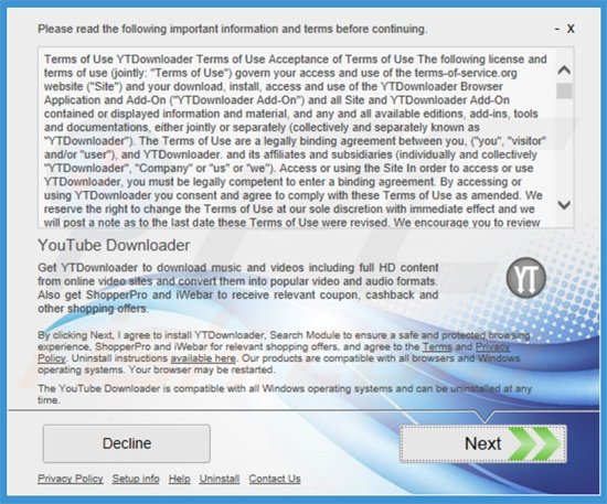 Instalador usado na distribuição do adware YTDownloader