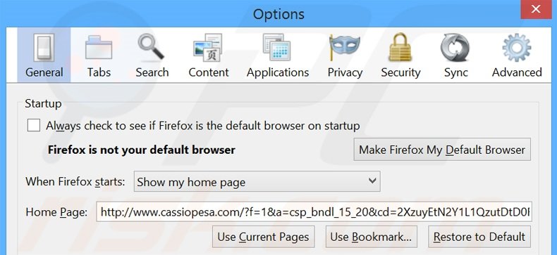 Removendo a página inicial cassiopesa.com do Mozilla Firefox