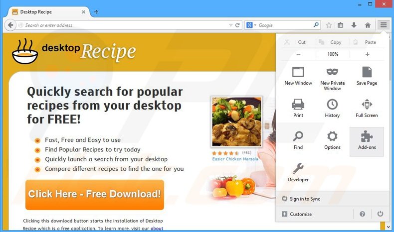 Removendo os anúncios Desktop Recipe do Mozilla Firefox passo 1