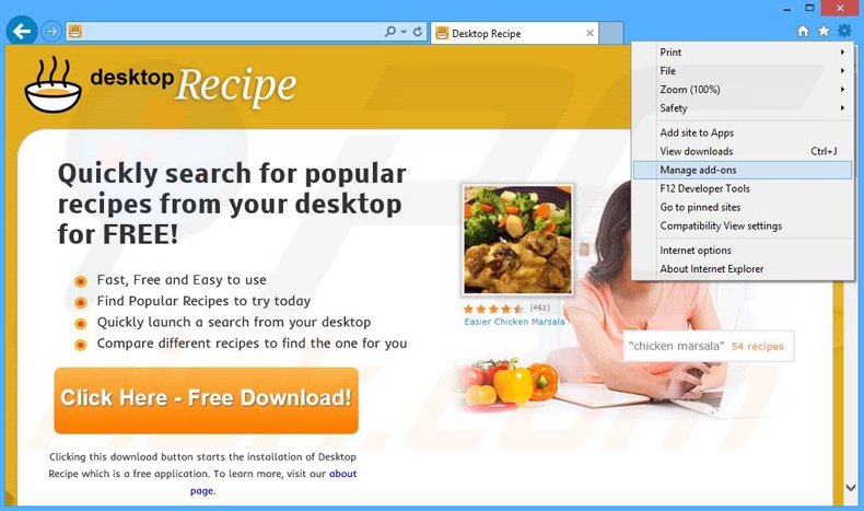 Removendo os anúncios Desktop Recipe do Internet Explorer passo 1