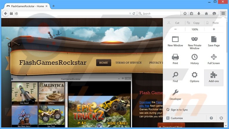 Removendo os anúncios FlashGamesRockstar do Mozilla Firefox passo 1