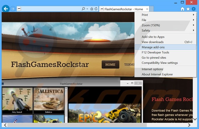 Removendo os anúncios FlashGamesRockstar do Internet Explorer passo 1
