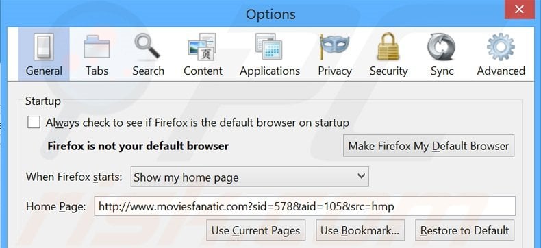Removendo a página inicial moviesfanatic.com do Mozilla Firefox