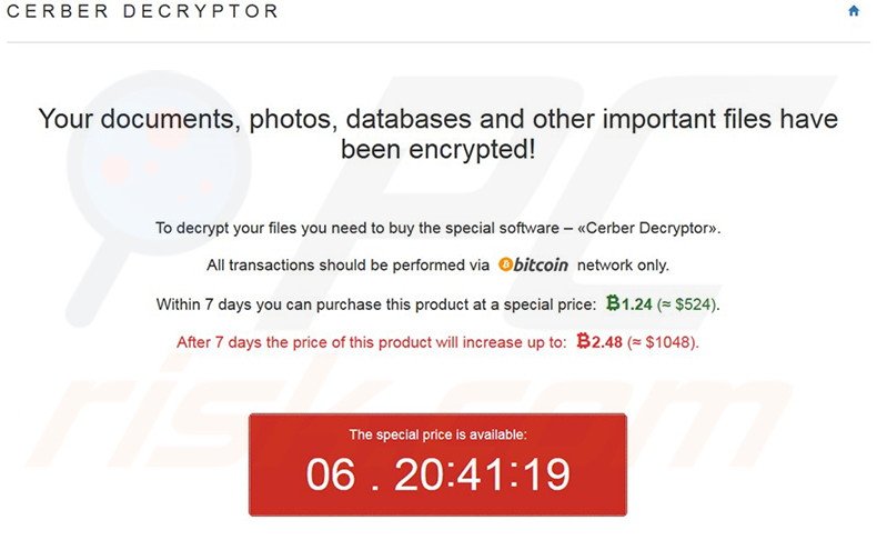 A mensagem de aviso indica que os ficheiros oram encriptados pelo ransomware Cerber