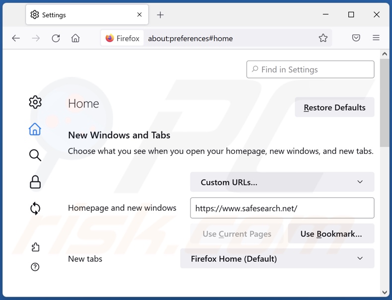 Remoção de safesearch.net da página inicial do Mozilla Firefox