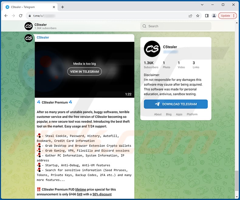 Conta do Telegram que promove o malware CStealer