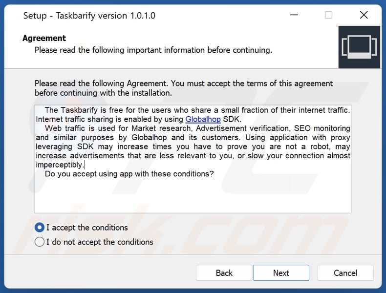 Configuração da instalação da API Taskbarify