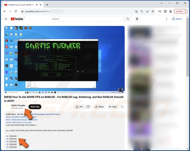 Descrição do vídeo do YouTube do ladrão Tweaks que promove o malware