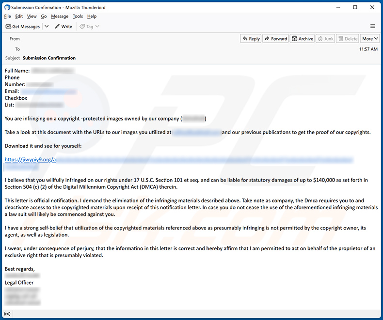 Email de spam que dissemina o malware Latrodectus (exemplo 1)