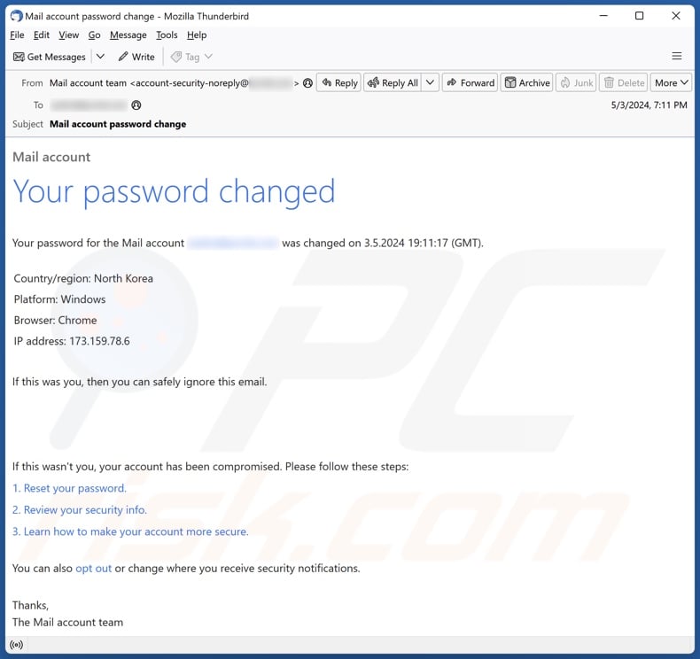 Your Password Changed campanha de spam por correio eletrónico