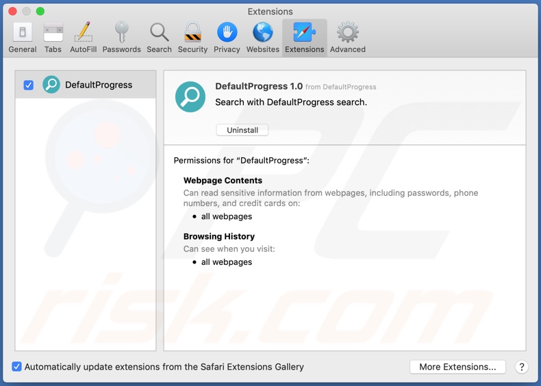 Adware DefaultProgress instalado no navegador Safari