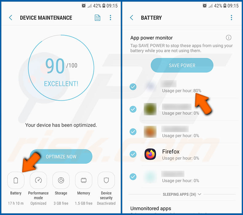 Verificação da utilização da bateria de várias aplicações no sistema operativo Android (passo 1)