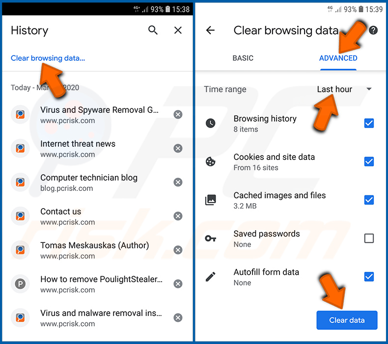 Eliminação do histórico de navegação na Internet do Chrome no sistema operativo Android (passo 2)