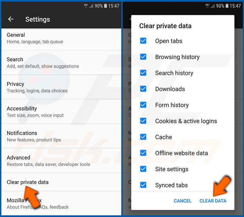 Delete browsing history from the Firefox in the Android operating system (step 2)