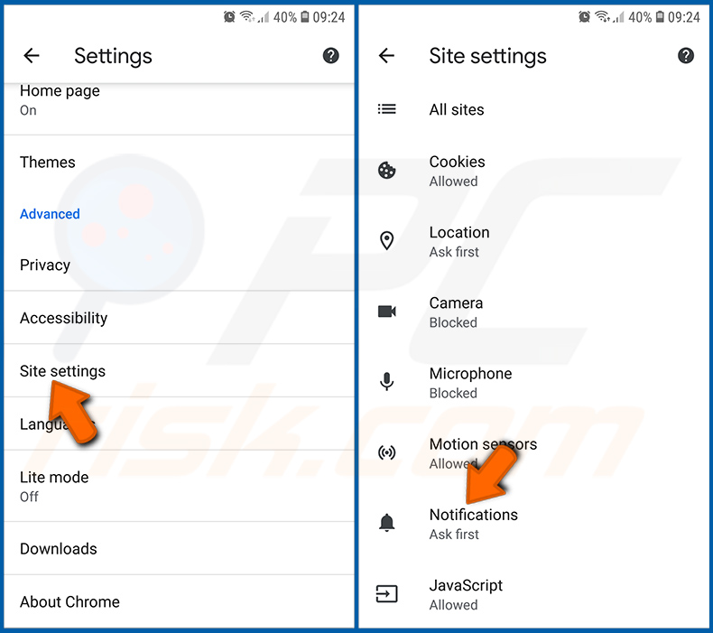 Desativar as notificações do navegador no navegador Chrome no sistema operativo Android (passo 2)