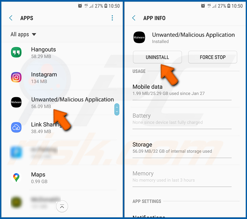 Removing unwanted/malicious applications from the Android operating system (step 2)