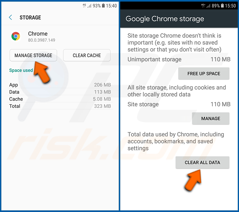 Resetting Chrome browser to default in Android operating system (step 3)
