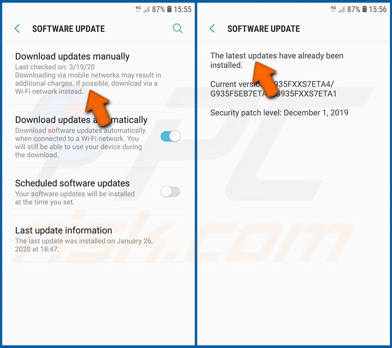 Instalação de actualizações de software no sistema operativo Android (passo 1)