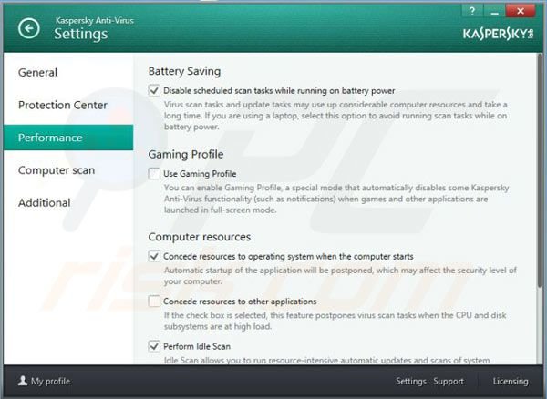 Definições de desempenho do Kaspersky Antivírus 2014