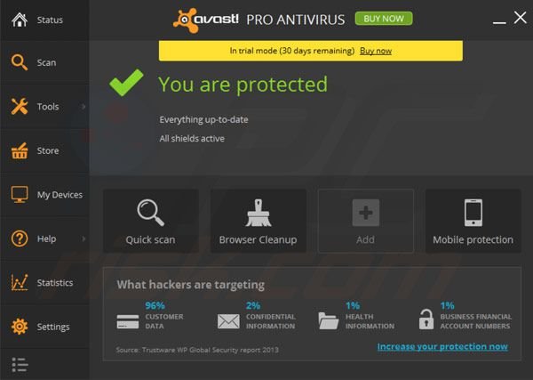 Janela principal de avast! Pro Antivírus 2014