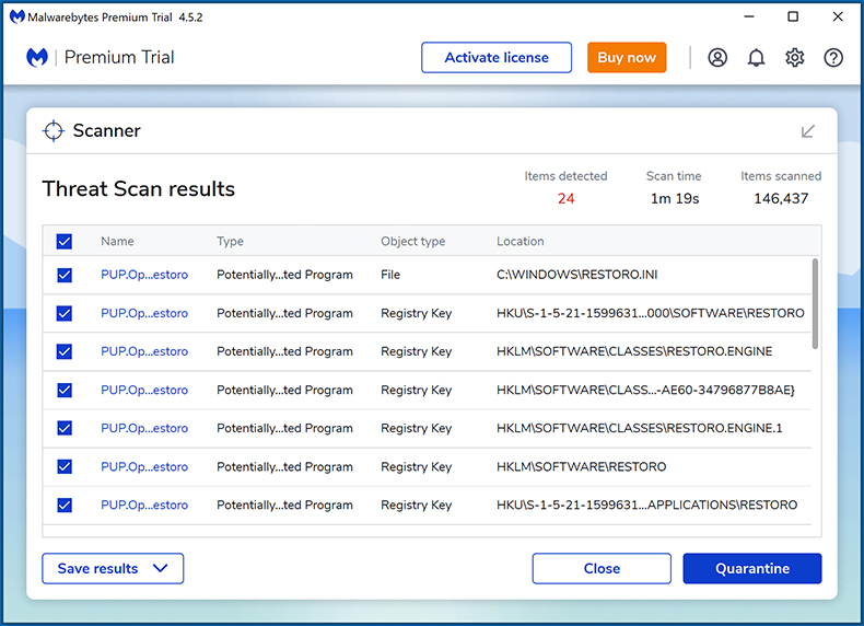 resultados da verificação Malwarebytes Premium