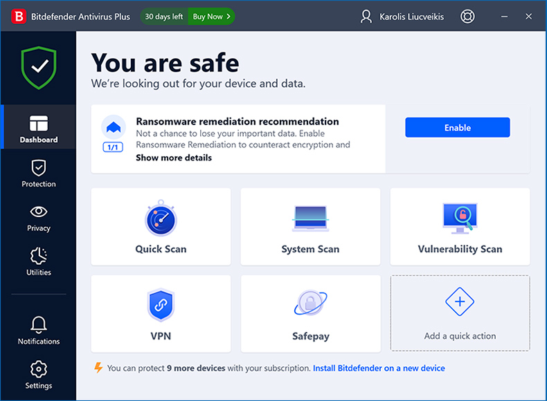 janela inicial Bitdefender Antivírus Plus