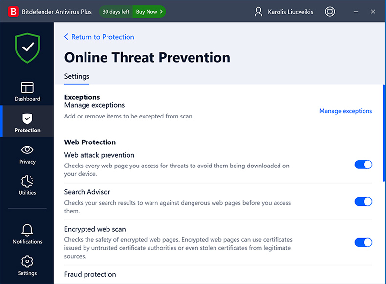 protecção contra ameaças online Bitdefender Antivírus Plus