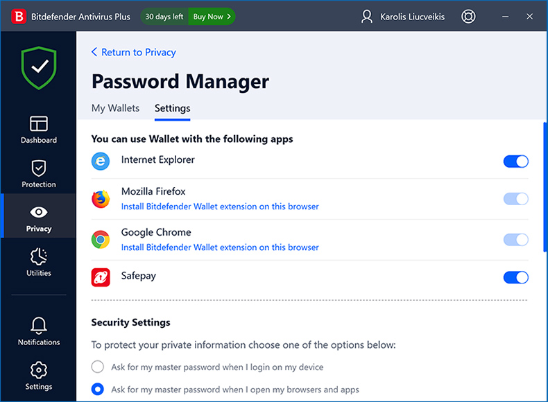 gestor de palavras-passe Bitdefender Antivírus Plus