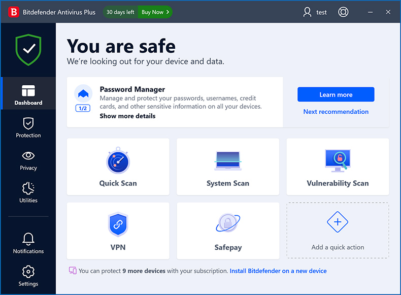 Dashboard de Bitdefender Antivirus Plus