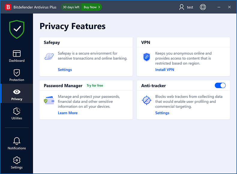 Recursos de Privacidade de Bitdefender Antivirus Plus