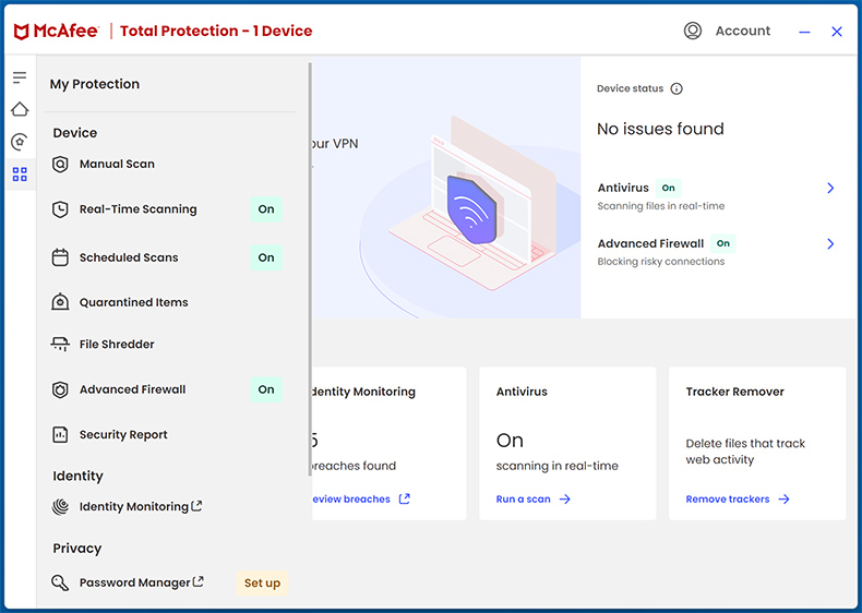 McAfee Total Protection Interface do utilizador