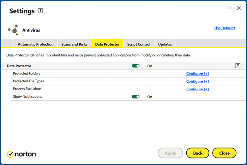 Proteção de dados de Norton AntiVirus Plus