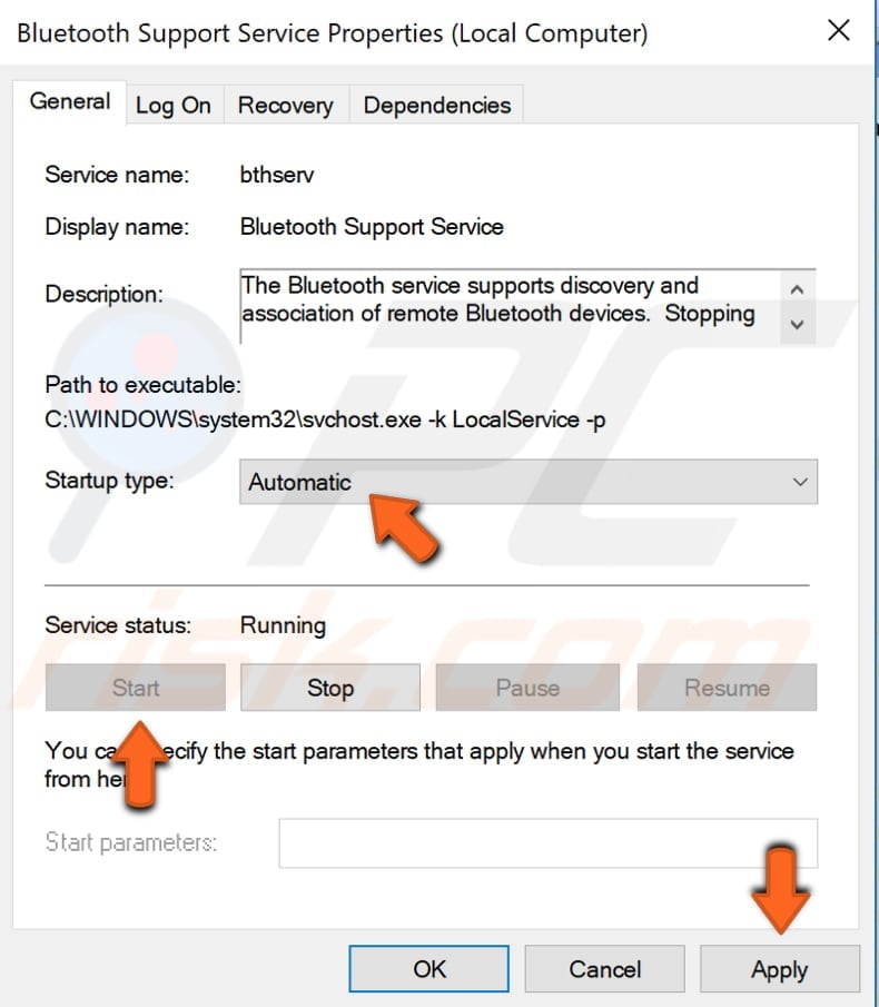 verificar serviço de apoio bluetooth passo 3