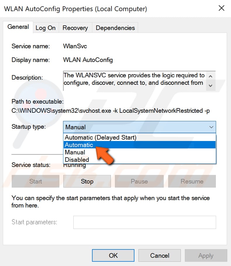 mudar os serviços de início de wlan autoconfig passo 3