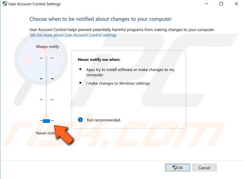 desactivar o controlo da conta de utilizador passo 2