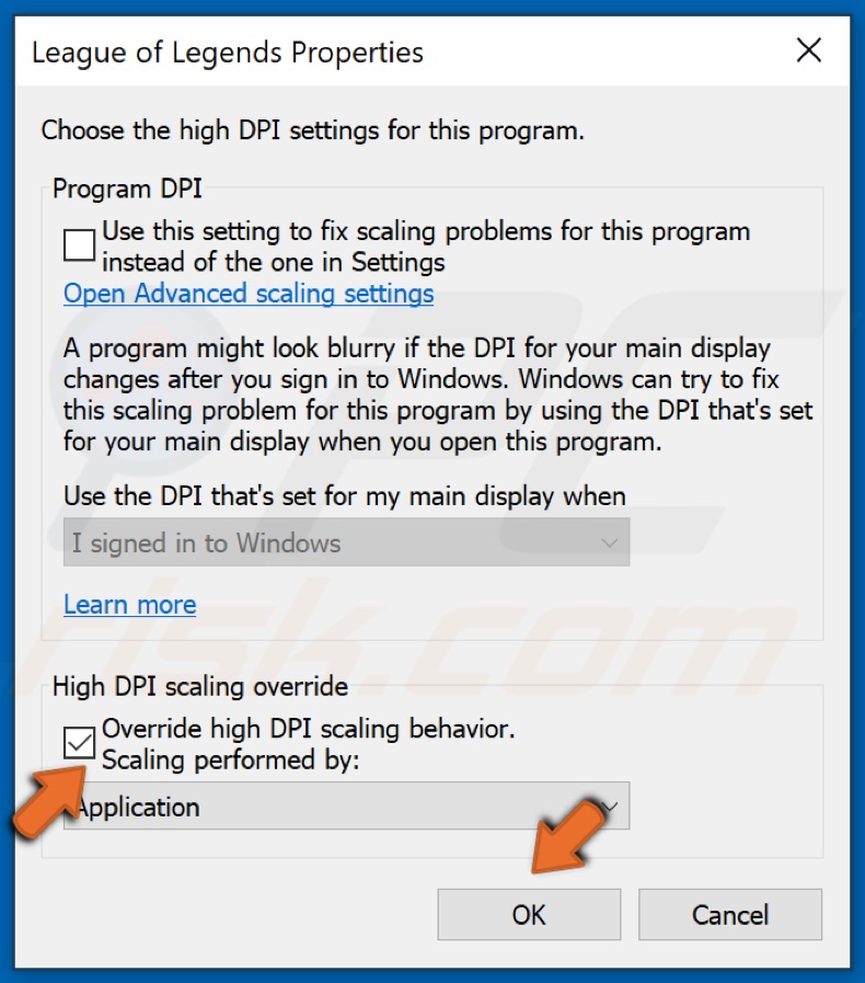 Marque a caixa de verificação Substituir a escala elevada de DPI e clique em OK