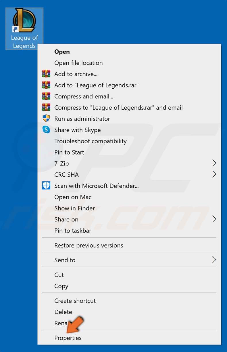 Clique com o botão direito do rato no ícone da League of Legends e clique em Propriedades