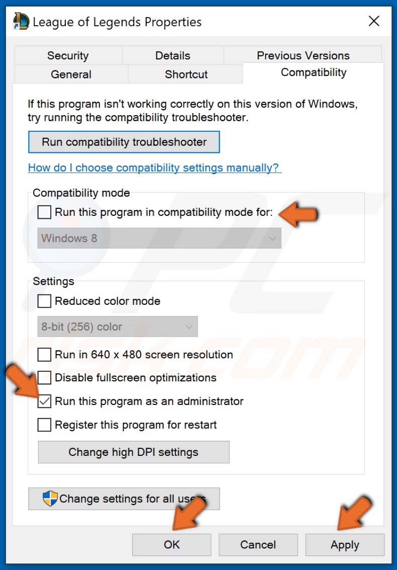 Desmarcar Executar o programa em modo de compatibilidade e verificar executar este programa como administrador e clicar em OK