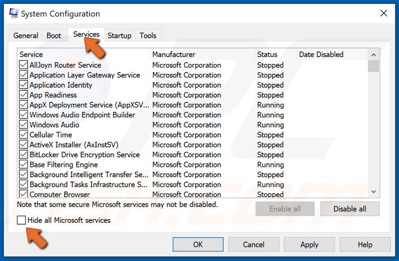 Certifique-se de que todos os serviços da Microsoft não estão escondidos