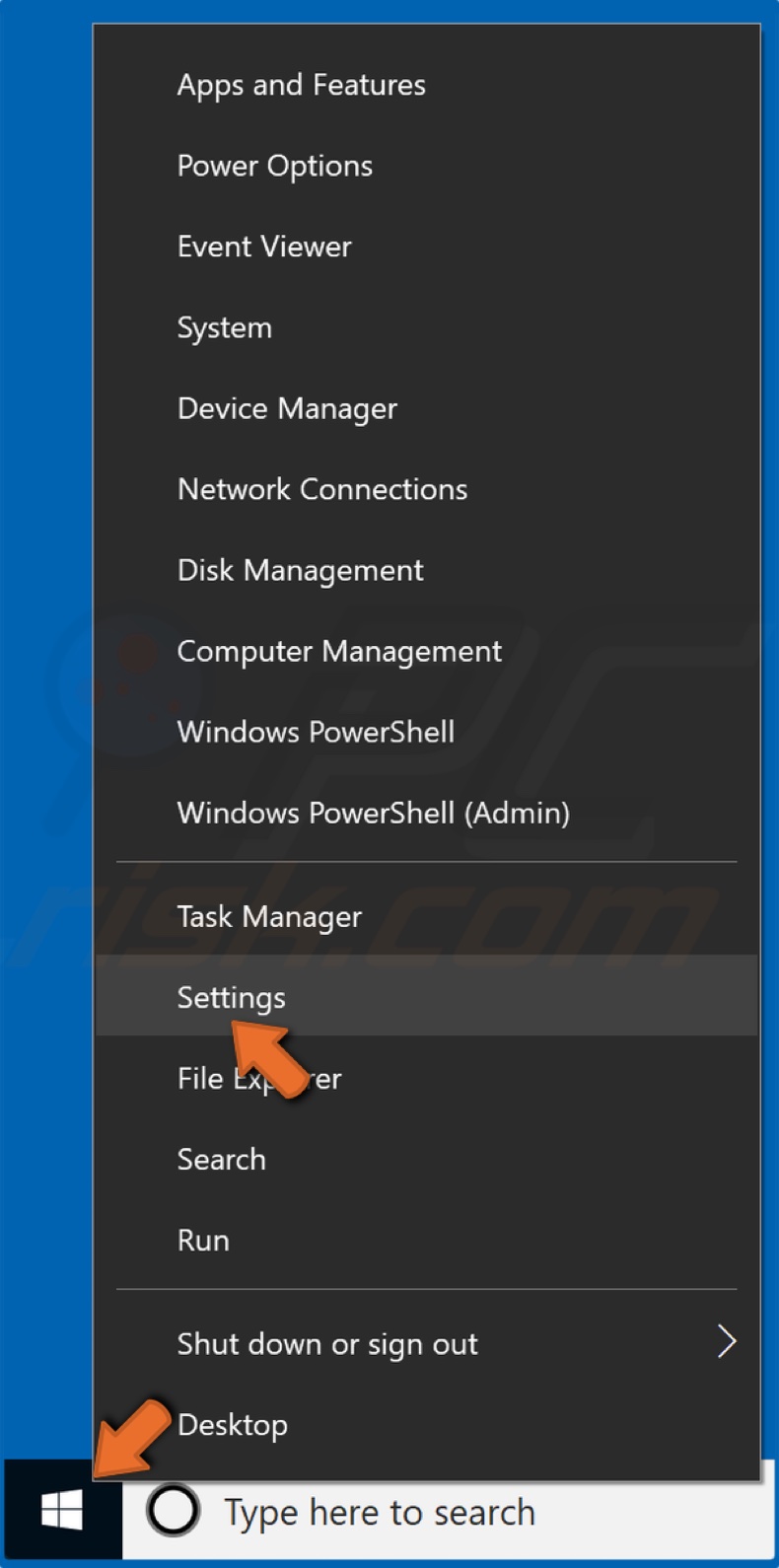 Clique com o botão direito do rato em Iniciar e clique em Configurações